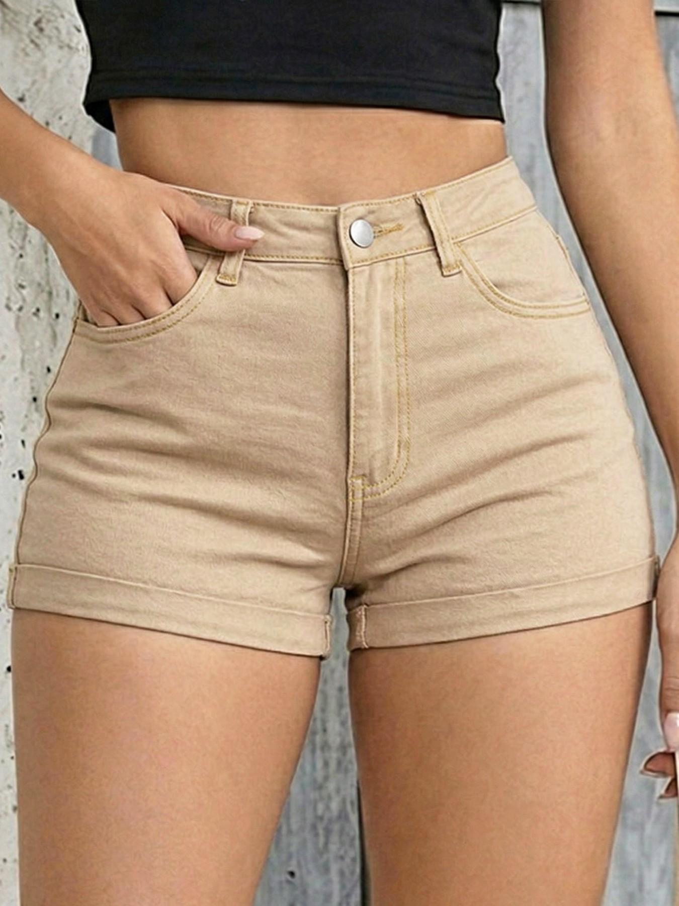 Women's High Waisted Stretchy Button Denim Shorts, Chic Casual Shorts, Cuffed Rolled Hem, Butt Lifting, Casual Bottoms, Festival, Street Style, Brunch, Night Out