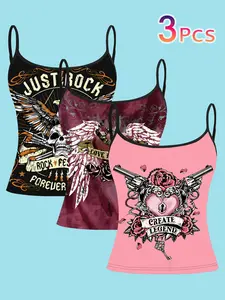 3-Pack Winged Punk Romantique Crop Top, Skull Rose Heart Prints, Slim Fit Strapless Sleeveless Shirt, Casual Spaghetti Strap Cami Top, Casual All-Season Fashion, Camisole Tops, Womenswear
