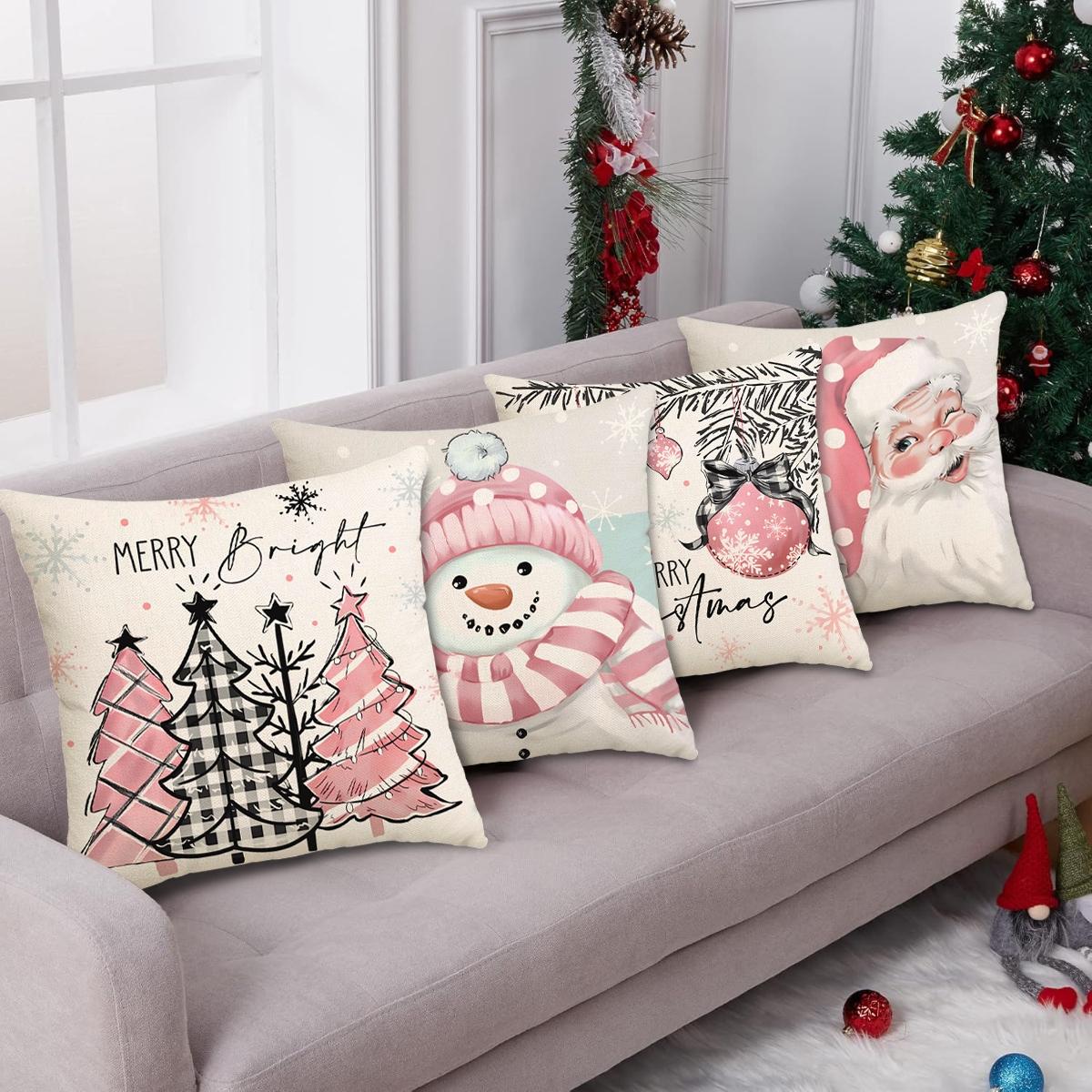 4pcs Christmas Pillow Cover, Santa Claus, Christmas Tree Snowman Pattern Single sided Printed Cushion Cover, Suitable for Christmas Bedroom, Living Room, Sofa, Farmhouse, Bed, Car Decoration Cushion Pillow Cover (No Pillow Core)
