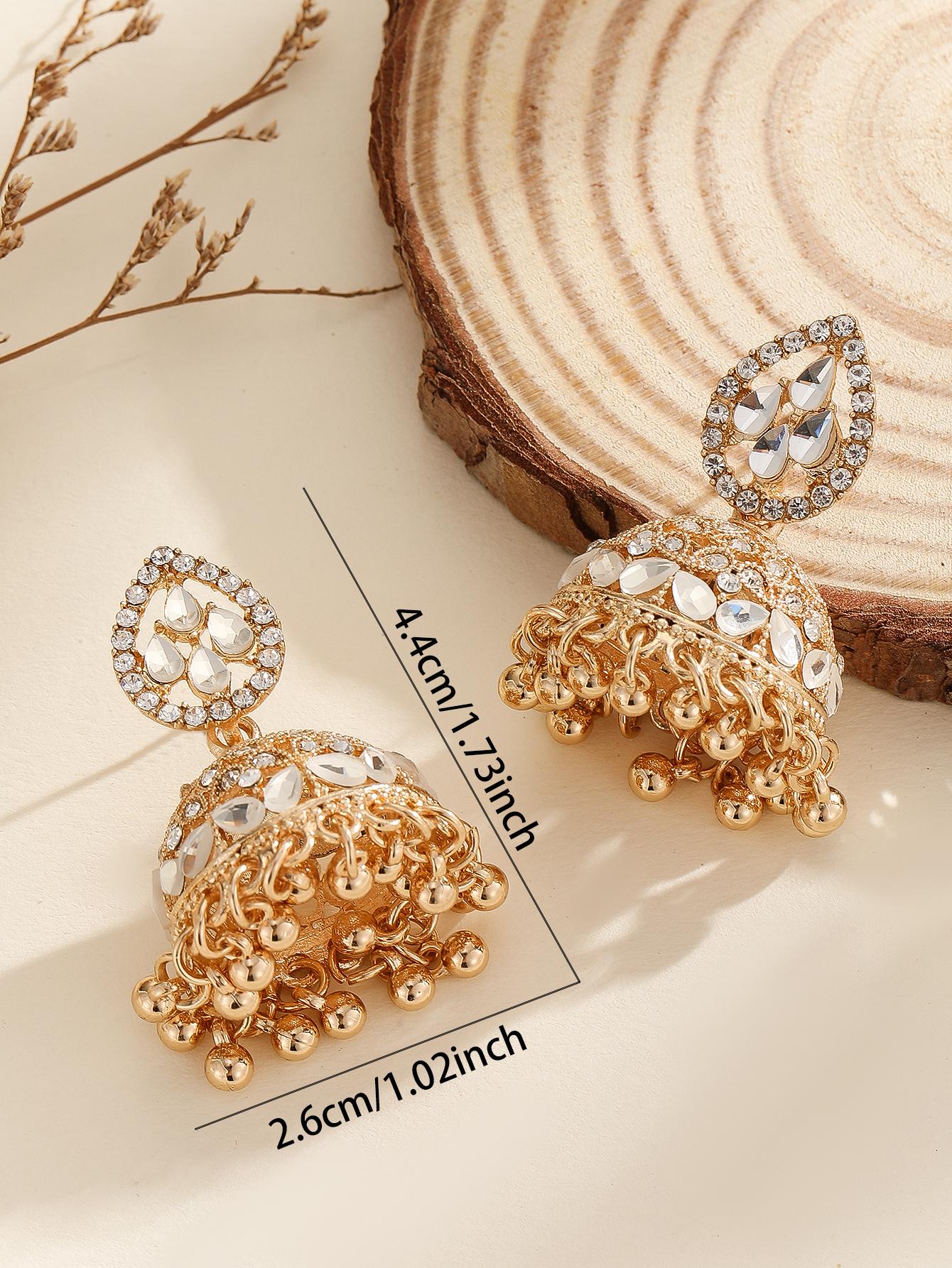 Elegant Jhumka Earrings, Water Drop Rhinestone Bell Bead Tassel, Bollywood Style Jewelry, Perfect for Women, Daily Wear, Parties, Weddings