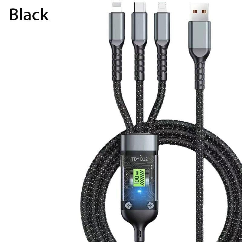 New 100w USB Type-C Super Fast Charging Cable, Compatible with iPhone Samsung Xiaomi Huawei, LED Light, Durable Design, 1.2m Triple Function Charger