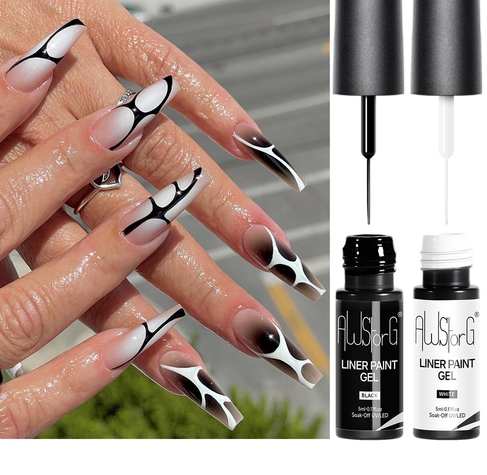 AWStorG 2Pcs/Set Black White Liner Gel Nail Polish Set, French Line Graffiti Painting Stripe Design, Ultra-fine Brush Head, Soak-Off Gel Varnish Girls Nail Art Gift