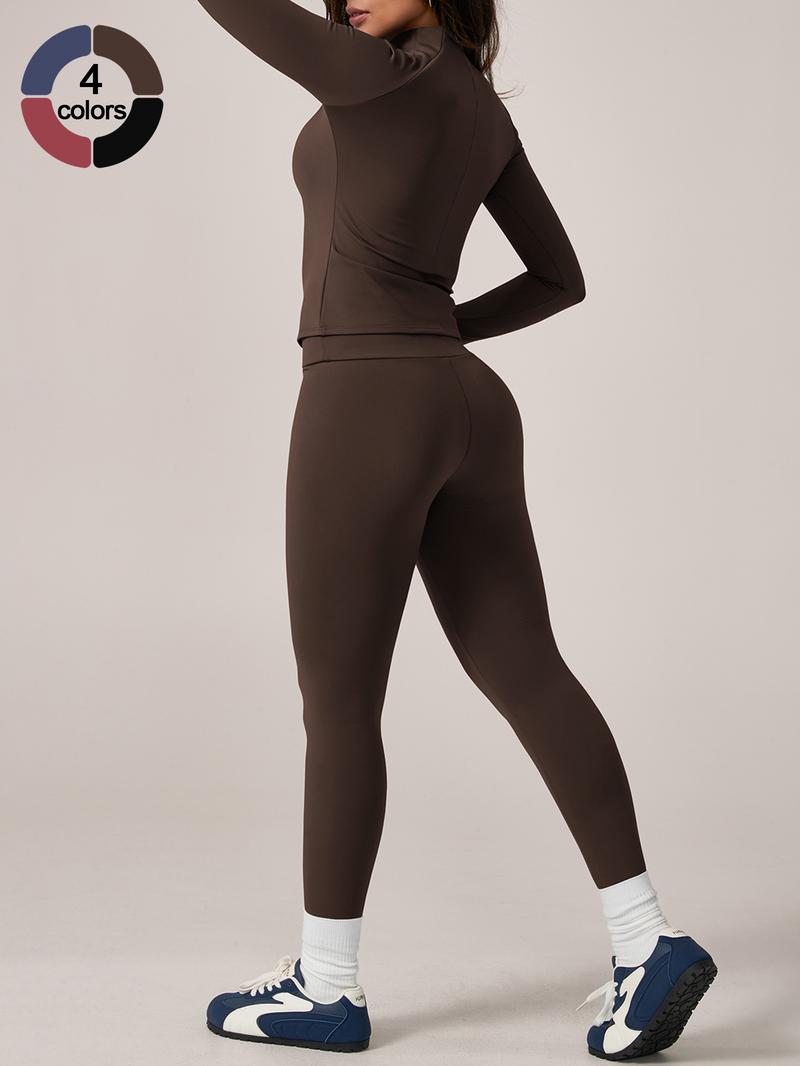 Women's Fleece Lined Sportswear Set, Yoga Clothes Set, Yoga with Stand Collar Zipper Thumb Hole Long Sleeve Top High Waist Tight Pants