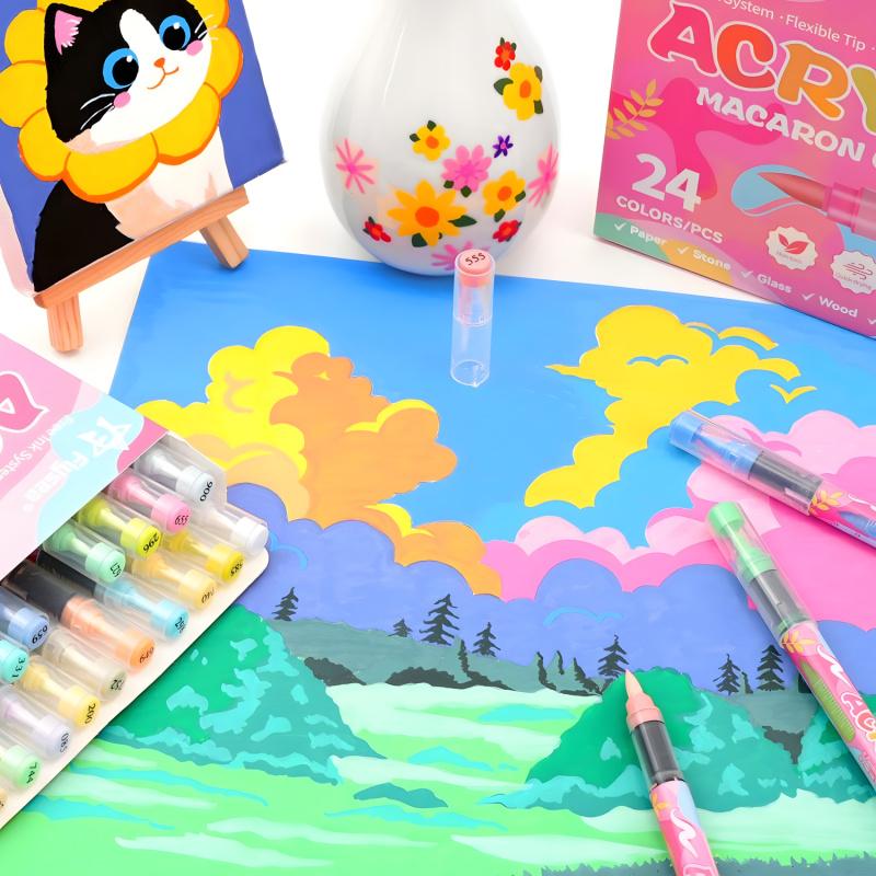 Acrylic Paint Markers,Macaron Series Set,Soft Brush Tip Water Based, Straight liquid Markers for Wood, Canvas, Rock Painting, Glass, Diy Crafts, Fabric Paint, Acrylic Drawing Markers