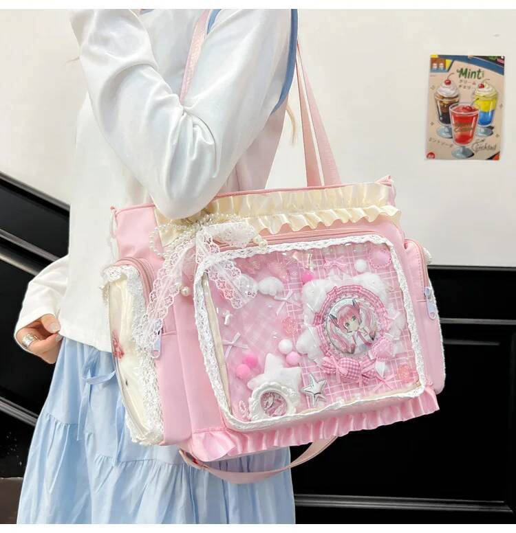 New Nylon/Polyester Ita Bag for Lolita Girls - Transparent Large-Capacity Shoulder Tote, Crossbody, DIY Display Casual Handbag