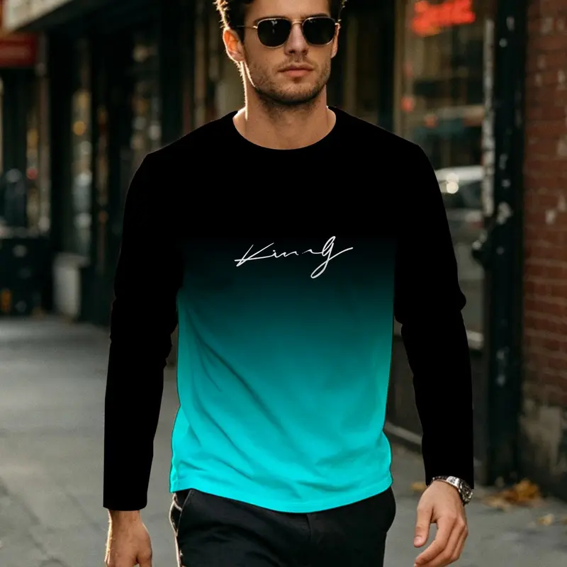 Men's Casual Fashion Fitted Basic Classic Long Sleeve Fitted T-Shirt, Ombre Gradient Color, Polyester Material, Round Neck, Crewneck, Letter Print Design, Streetwear, Menswear, Casual Style Tee