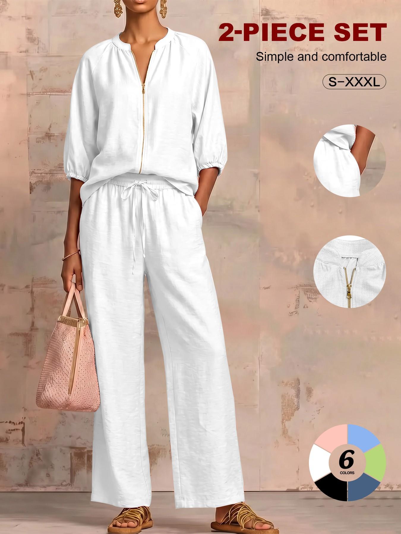 2026 Summer French Stand Collar Zipper Linen Feel Loungewear Set, Spring Fall Three-Quarter Sleeve Top + High Waist Wide Leg  Pants Casual