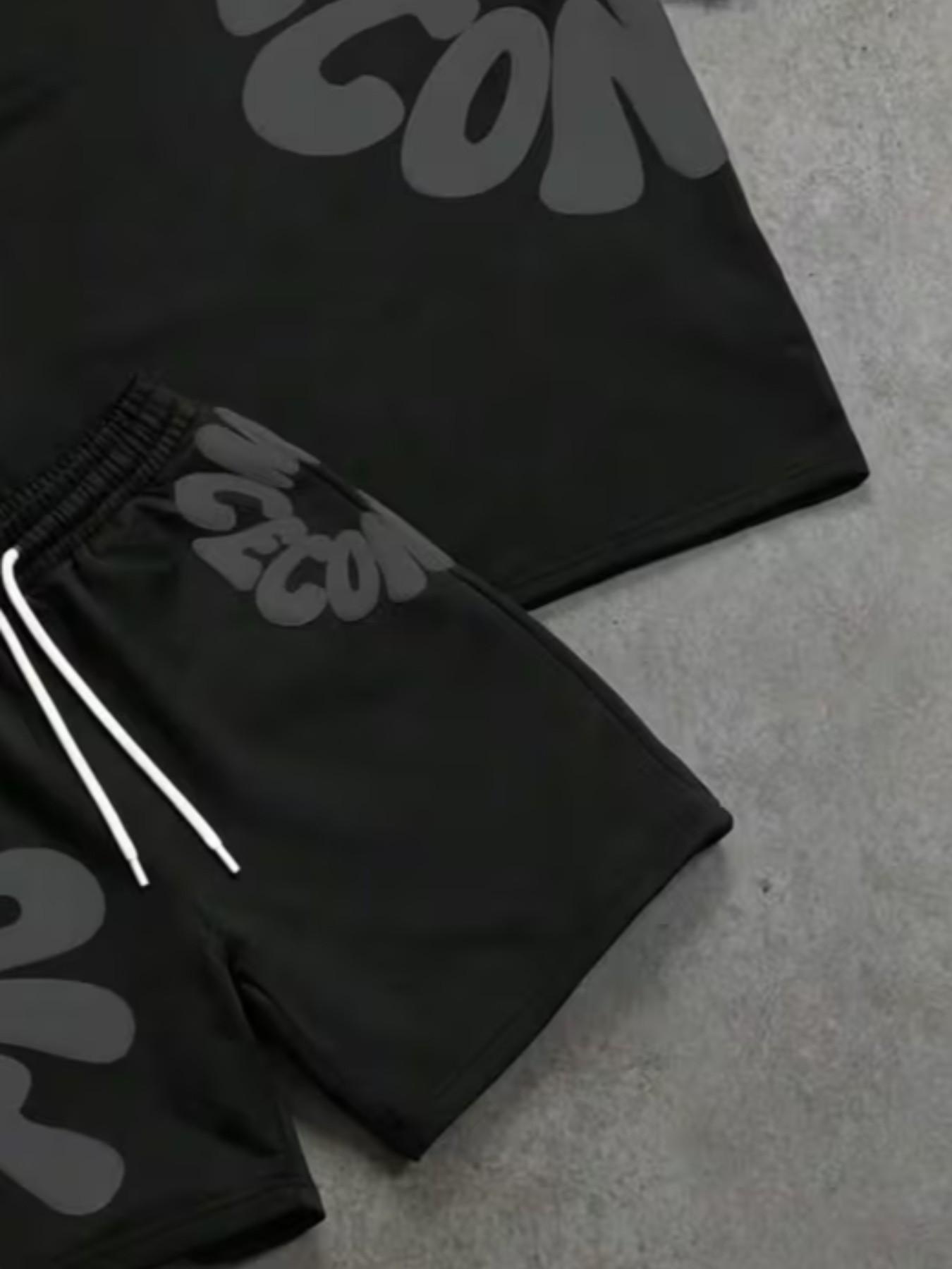 Men's Simple Letter Print Set, Round Neck Short Sleeve T-Shirt and Shorts, Casual Fitted Two-Piece Set Outfit, Suitable for All Seasons