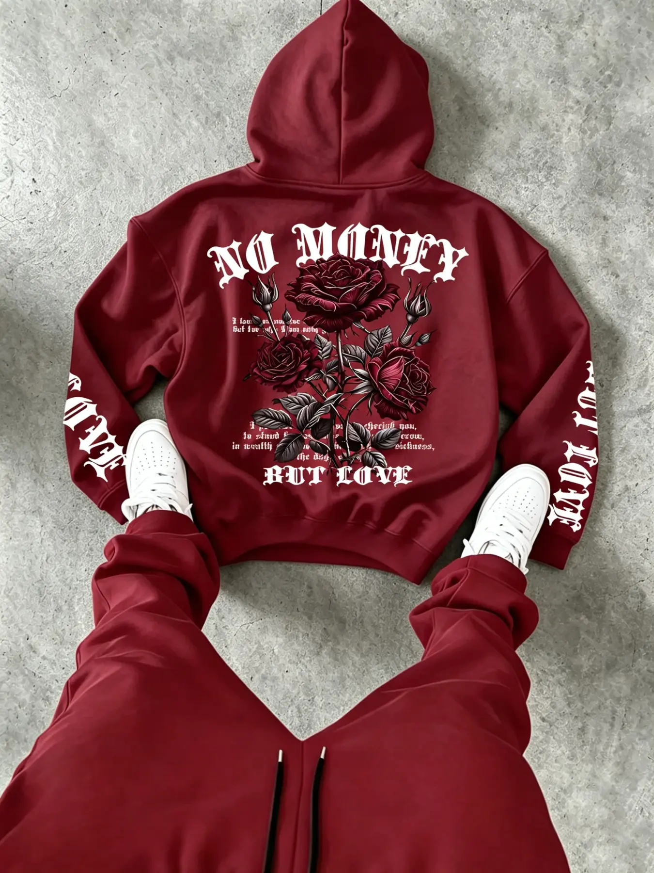 Men's Street Style Pullover Hoodie, Long Sleeve Loose-Fit Graphic Print, Fall Winter Essential, Trendy Rose Design, Unisex Casual Wear