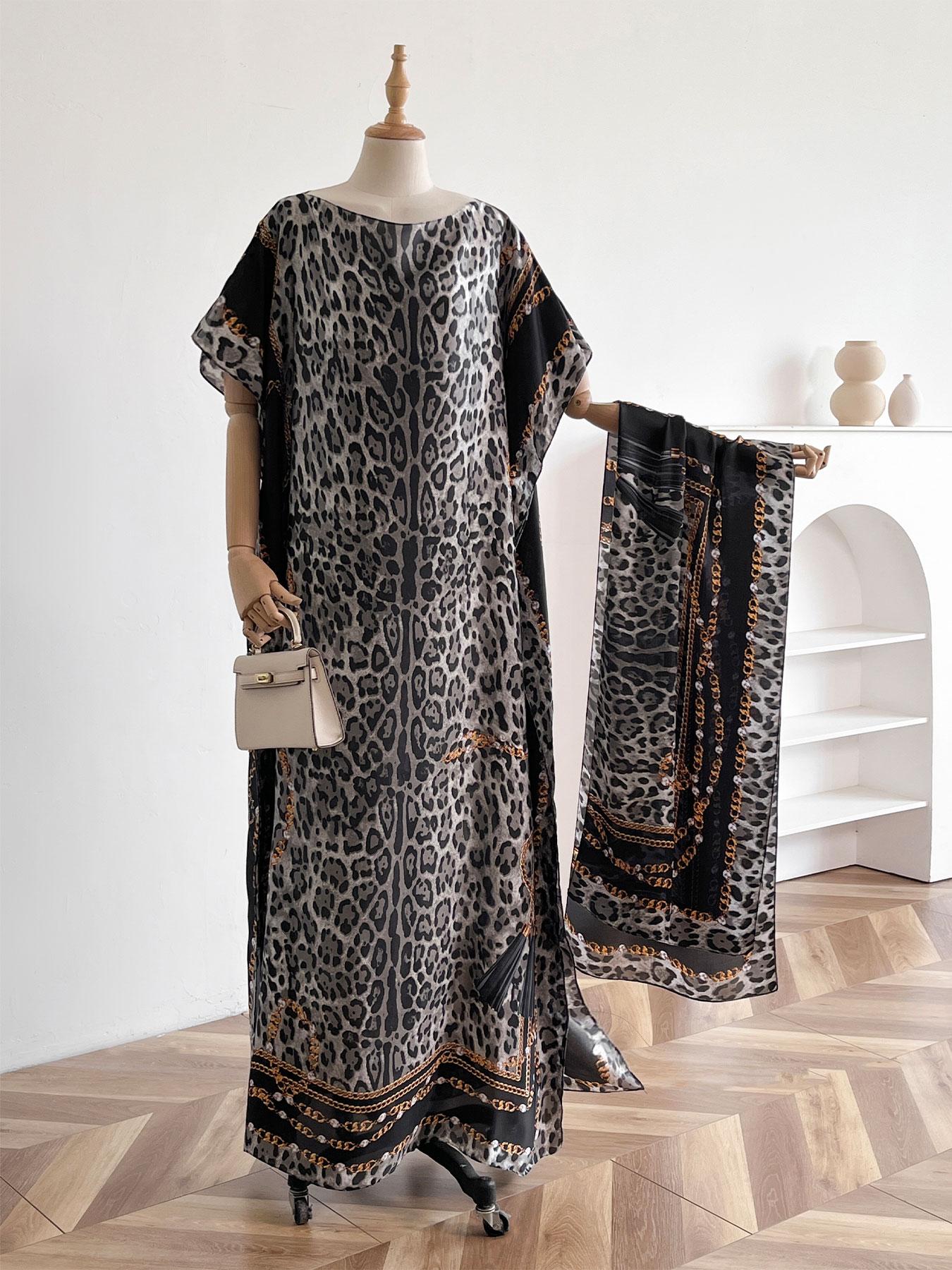 Women's Leopard Print Long Sleeve Kimono & Scarf Set, Casual Open Front Outerwear & Shawl, Ladies Clothes for Beach Vacation, Beach Swimsuit Cover, Womenswear, Leopard Pattern