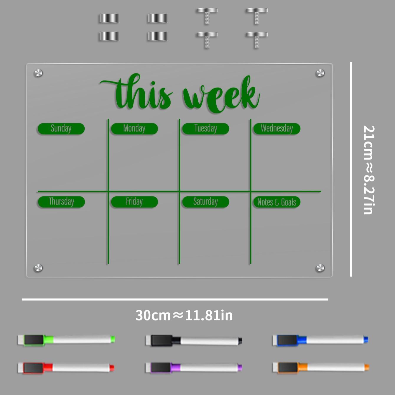 Transparent Acrylic Magnetic Refrigerator Fridge Calendar Magnetic Weekly Planner Board, Erasable Schedule Organizer, Home Memo Board with Multicolor Pens, Includes 6 Magnetic Whiteboard Pens
