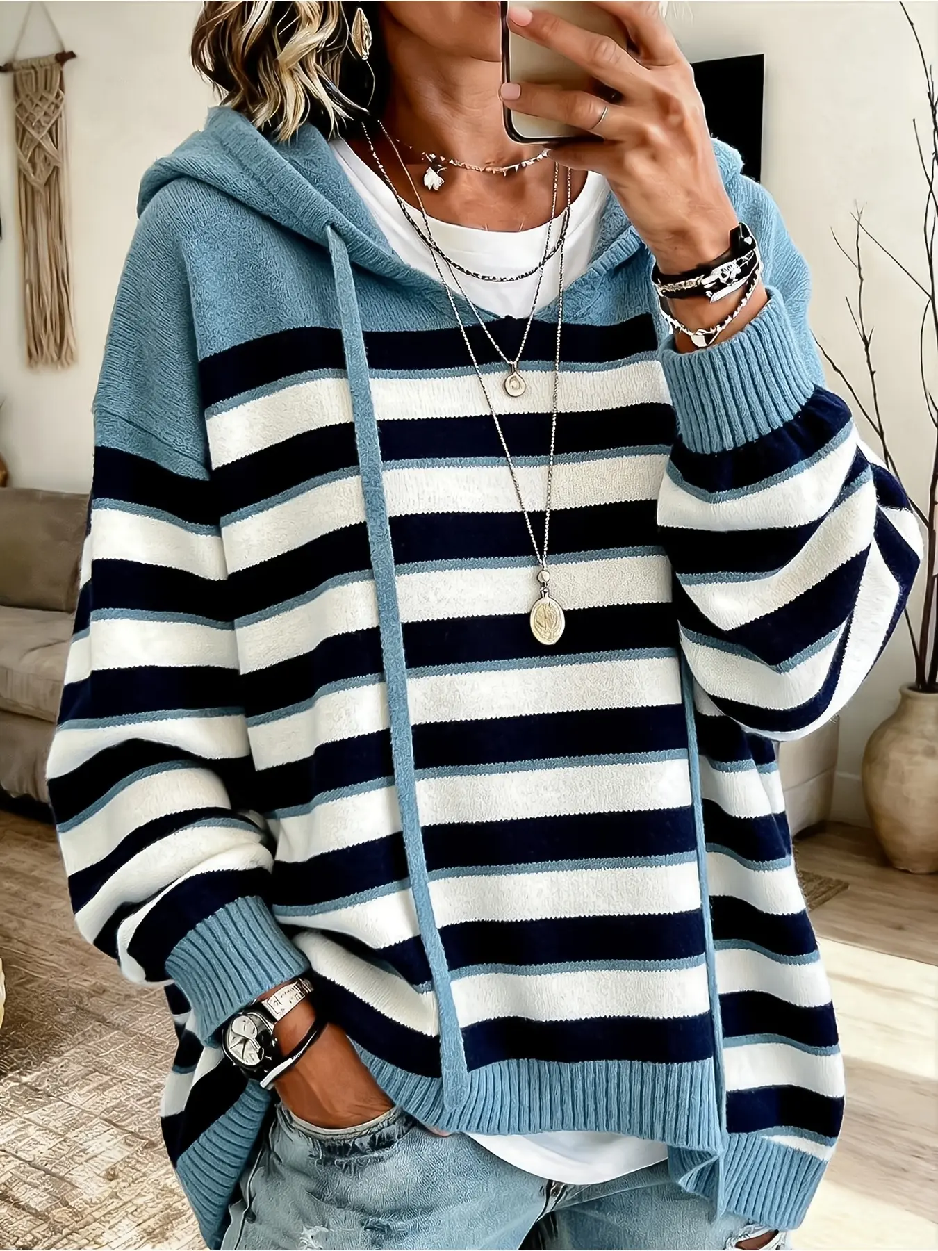 American Vintage Loose Casual Striped Long Sleeve Hooded Sweater, Autumn & Winter Soft Lantern Sleeve Fashion Elegant Women Hoodie