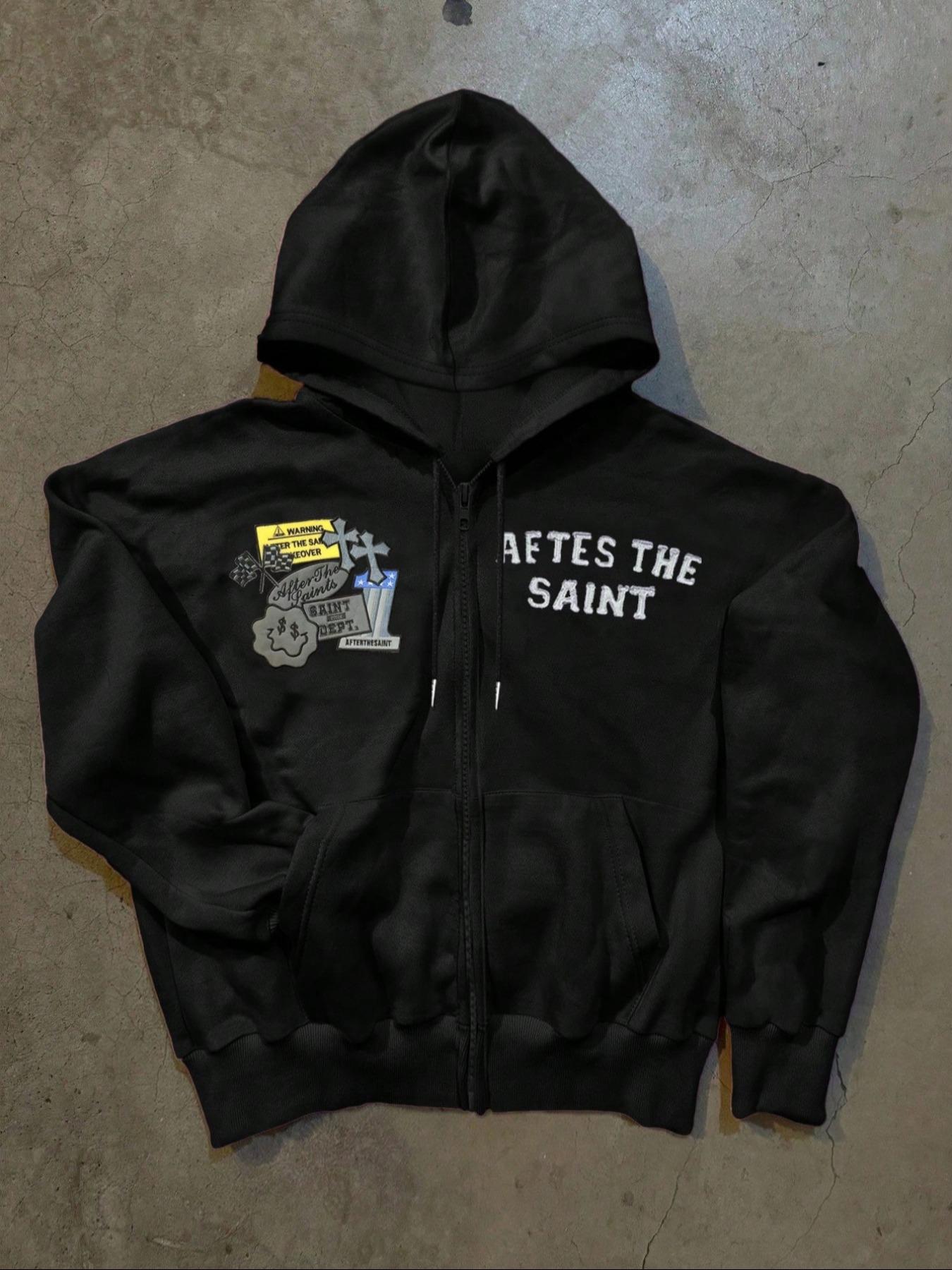 After the Saint Goth Graphic Tracksuit, with Avant-Garde Patches and Bold Text, Street Style for Fashion Enthusiasts