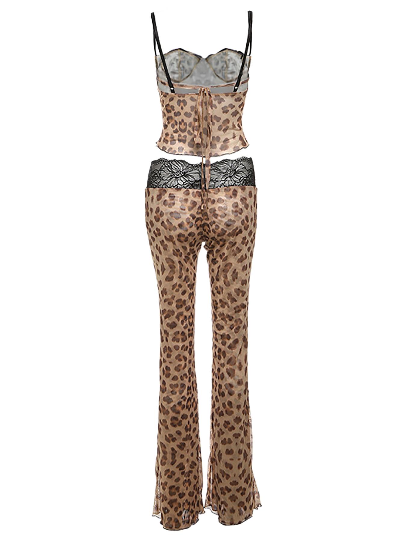 Women's Leopard Print Patchwork Lace Sexy Two-piece Set, Fashion Comfy Cami Top & Flare Leg Pants Set for Daily Outdoor Wear, Women Clothing for Summer