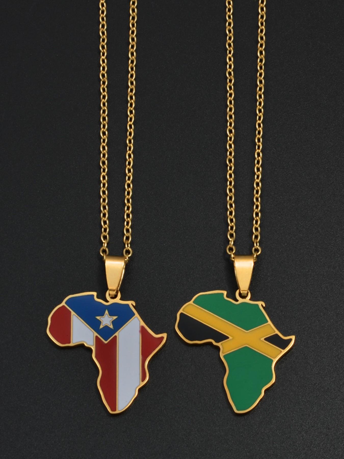 Africa Map With Jamaica Haiti Puerto Rico PR Flag Pendant Necklaces For Women Jewelry