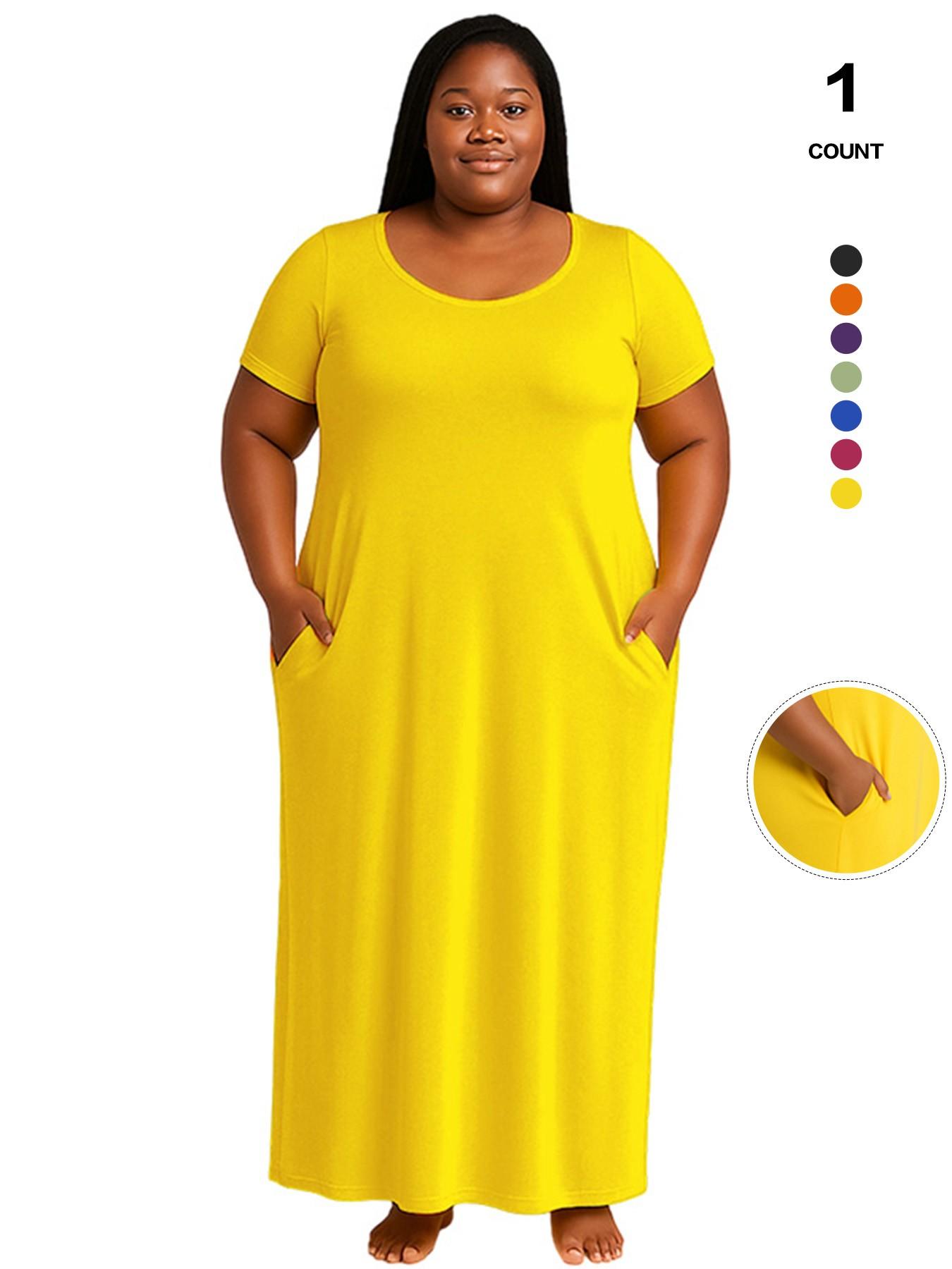 Plus Size Women's Solid Color Dress, Sexy Round Neck Short-Sleeved Long Dress, European and American Summer New Arrival, Casual Style