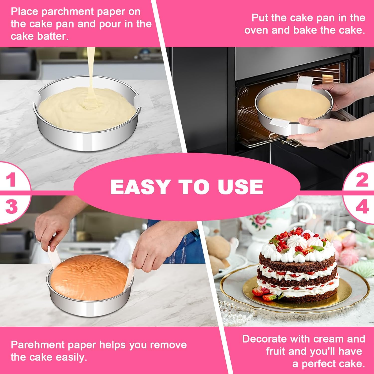 8 Inch Cake Pan Set of 2, Stainless Steel Round Layer Cake Baking Pans Tins,  & , Leak-proof & Easy Clean & Dishwasher Safe