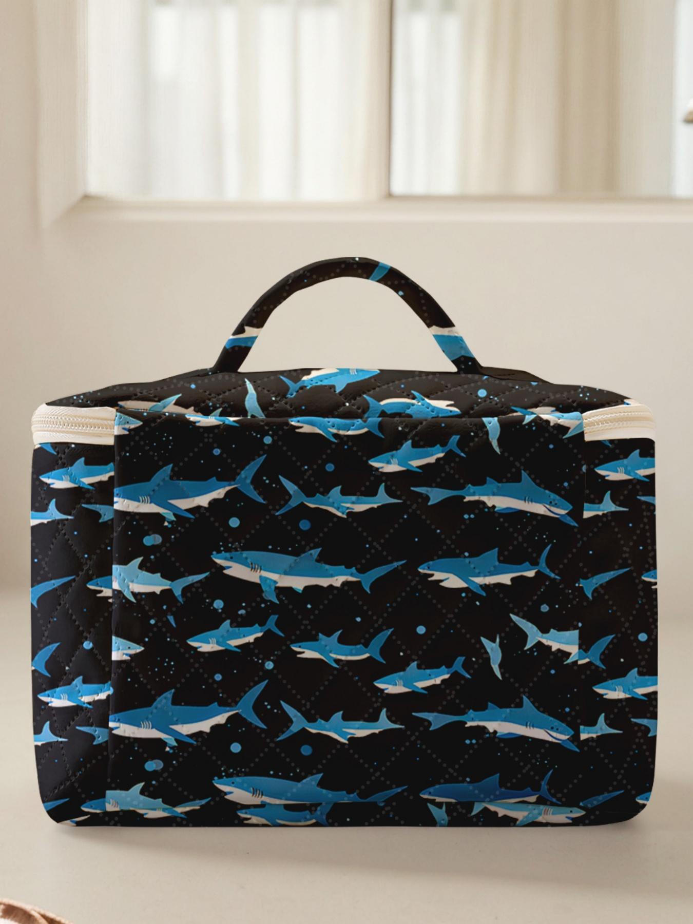 1 piece of shark pattern print 2D printed portable travel makeup, brush, and accessory organizer, storage box toolbox, large capacity travel toiletry storage bag, cute and fashionable makeup bag