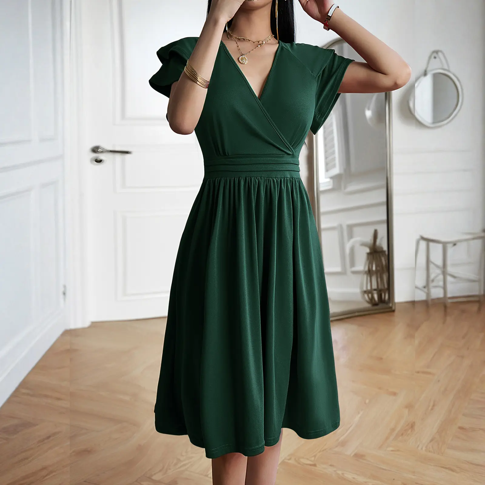 Women's Elegant V Neck Wrap Dress, Ruffle Cap Sleeve High Waist A Line Midi Dress For Party
