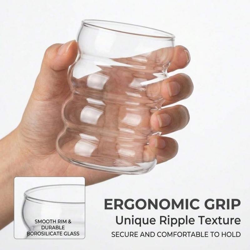 9 Piece Premium Clear Wavy Ripple Glass Tumbler Set Heat Safe Borosilicate Glasses Matching Glass Straw And Cleaning Brush, Drinkware