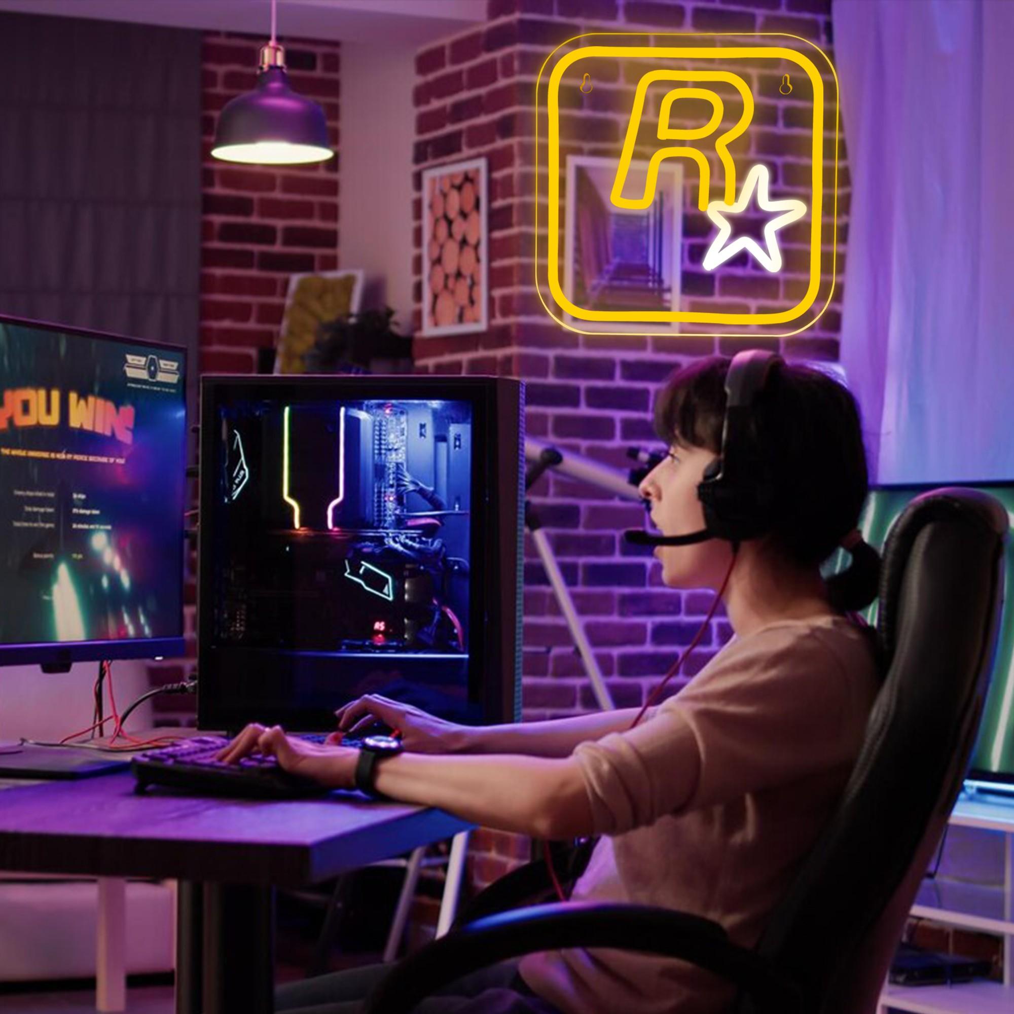 R Star Neon Sign, USB Powered Neon Sign, Novelty Lighting for Game Room, Entertainment Room, Bar, Party Home Decor Wall Art Decoration, Ambient Night Lights