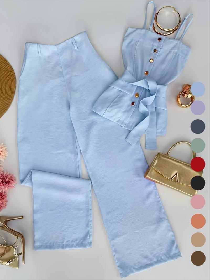 New Women's Solid Color Strappy Top & Long Pants Two-Piece Set, Versatile Casual Wear, Comfortable and Stylish, Perfect for Daily Use