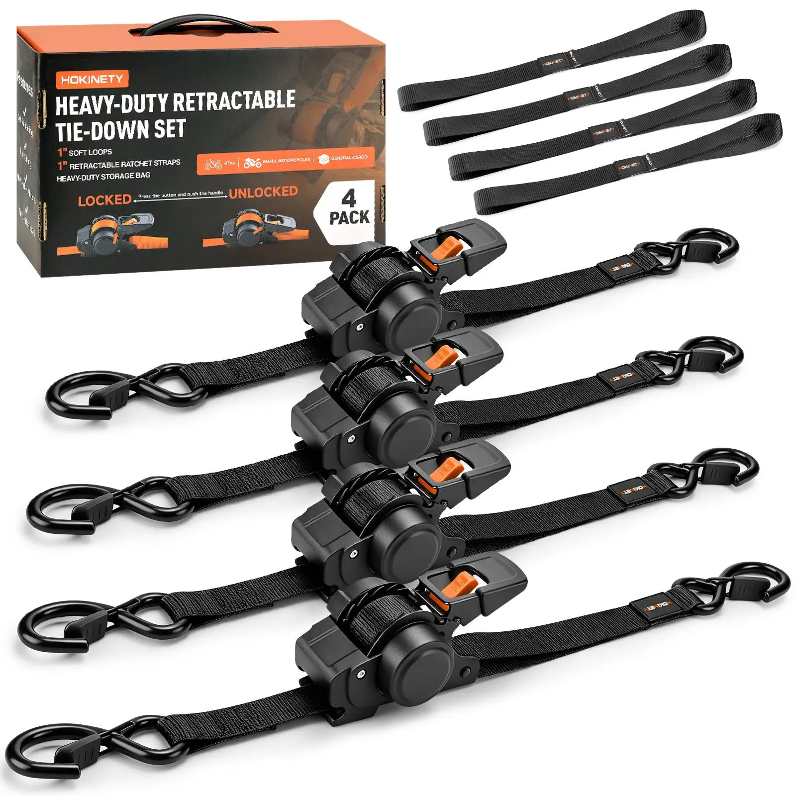 Heavy Duty Auto-Retract Ratchet Straps with Hooks, 1x10ft Polyester Strap with Coated S Hooks for Anchor Points, Appliances/ATV (Tools & Hardware, Ropes, Chains & Pulleys), 1X10ft Strap