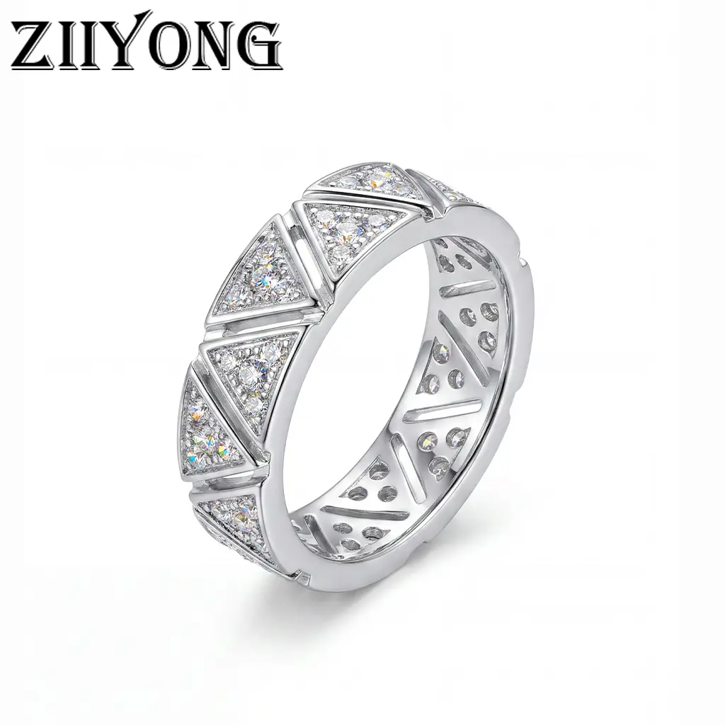 ZIIYONG Geometric Triangle Pave Moissanite Eternity Band Ring 925 Sterling Silver No Rhodium Plating Hypoallergenic Luxurious Fine Jewelry For Women And Girls Perfect For Anniversary Gift Wedding Party And Everyday Wear