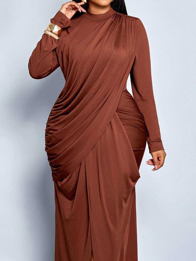 Women's Elegant Fall Winter Plus Size Dress, Stand Collar Ruched Bodycon, Long Sleeve Plain Design, Fashionable Commuter Wear