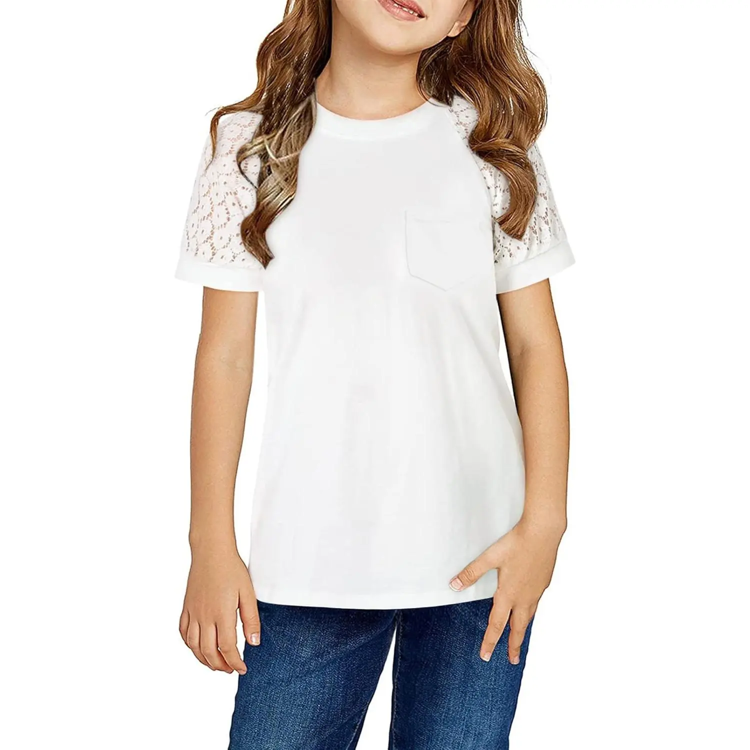 Girls Summer Cute Short Sleeve Lace Casual Crew Neck Solid Color Blouses Tops Sizes 6-15 Years