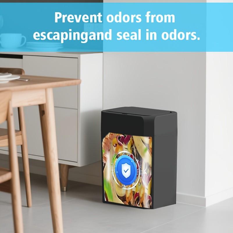 Touchless Trash Can, 3.43 & 5.02 GAL sizes available, automatic motion sensor garbage bin, hands-free soft-close lid, slim plastic body with odor-sealing design, suitable for kitchen, bathroom, office, hotel, requires 2 AA batteries (not included).
