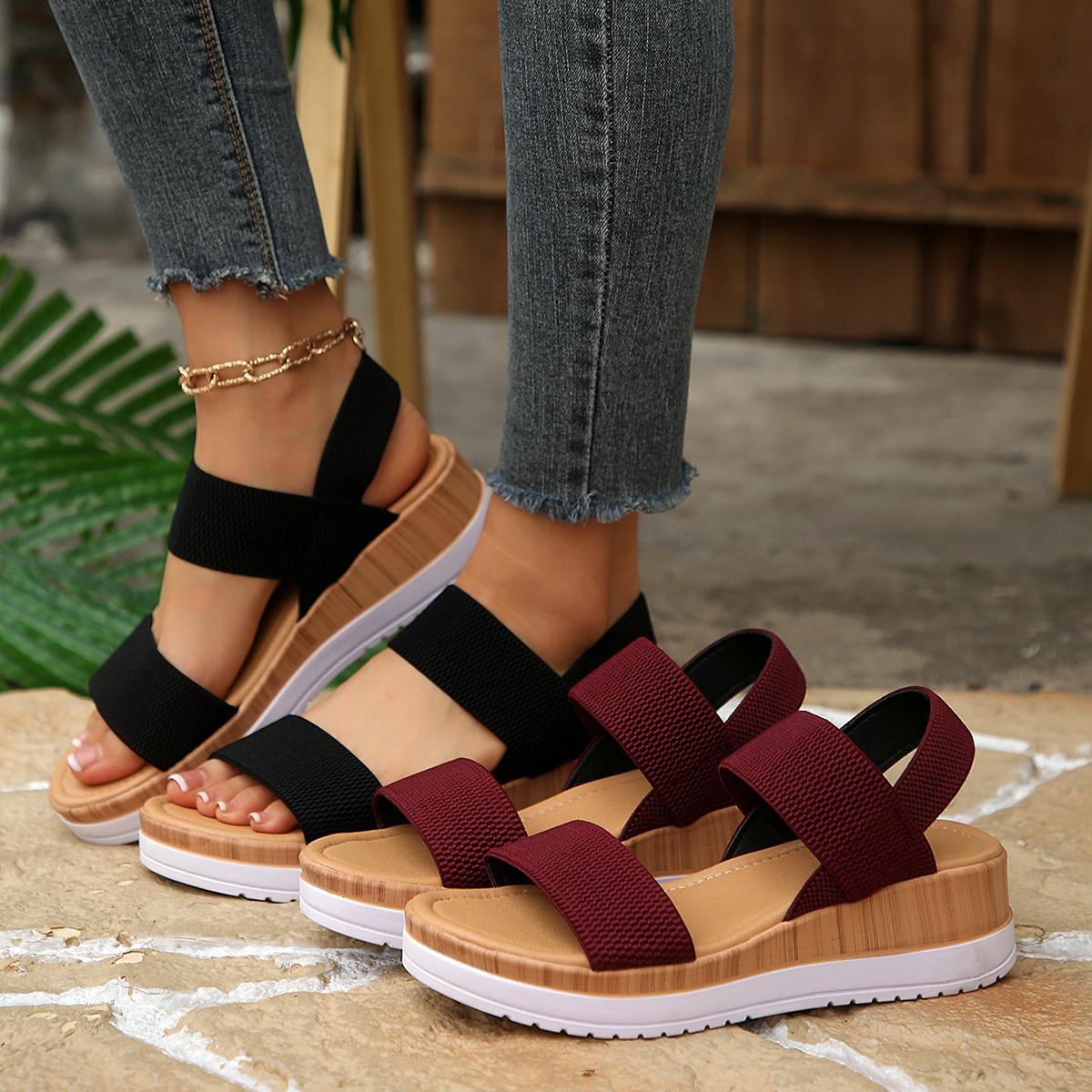 Minimalist Stretchy Strap Slingback Wedge Sandals, Layer Platform Everyday Summer Footwear for Women, Strappy Wedge Sandals