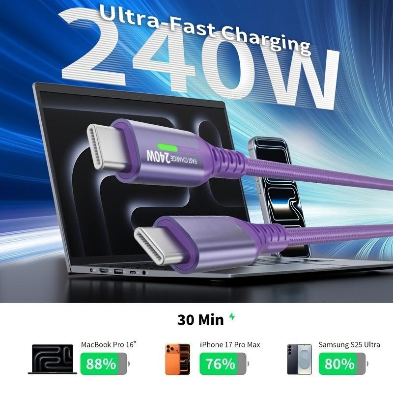 240W Super Fast Charging USB-C to C Durable Braided Cable |  E-Marker | Charging Indicator | for iPhone, for Samsung & All Type-C Smartphones, Tablets and Laptops -
