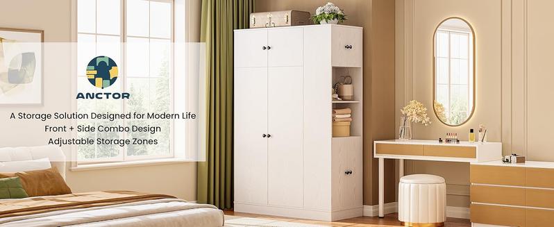 ANCTOR Armoire Wardrobe Closet with Mirror, 70.9" H × 36.2" W, Bedroom Armoires with 4 Doors, 3 Drawers and Shelves, Large Clothing Storage Cabinet for Hanging Clothes