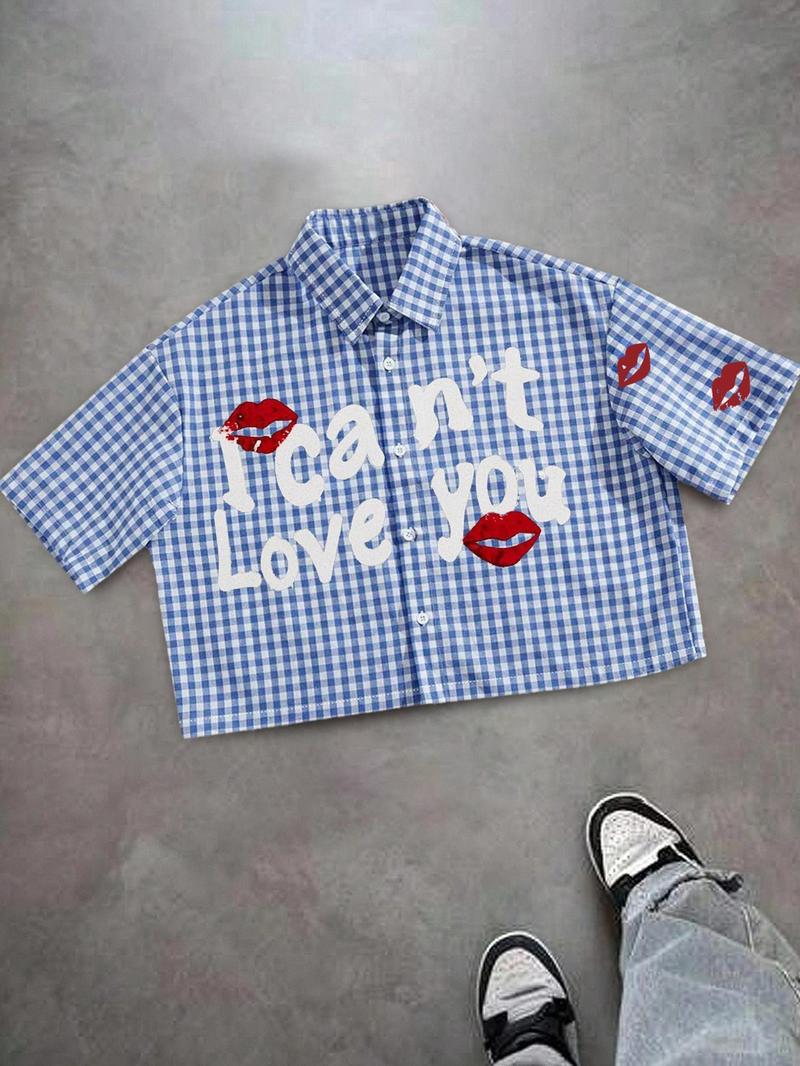Unisex casual streetwear style "I can't Love you" red lip print plaid shirt, Y2K streetwear cropped top, suitable for streetwear, Y2K outfits, men's gifts, couple outfits, high street culture.