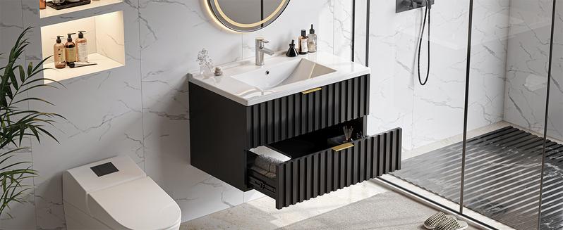 【Valentine's Day gift】ONBRILL 30/36 Inch Bathroom Vanity with Sink Combo, Floating Bathroom Vanity with 2 Fluted Drawers & Metal Handle, Modern Wall Mount Storage Cabinet with Ceramic Integrated Sink for Small Space