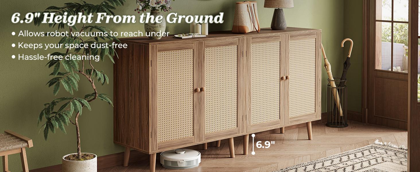 Huuger Buffet Cabinet with Storage, Storage Cabinet with PE Rattan Decor Doors, Media Console with Solid Wood Feet, Sideboard Cabinet for Hallway, Entry, Living Room