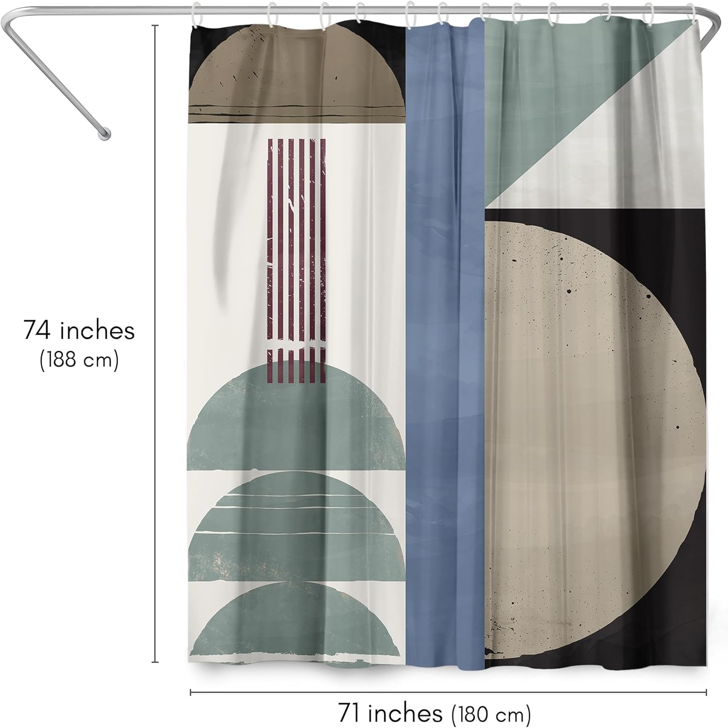 Geometric Shower Curtain 71x71 Inch, Water-Resistant Polyester Bathroom Curtain with Metal Grommets and 12 Hooks, Sage Green Blue Taupe Ivory Color Block Design