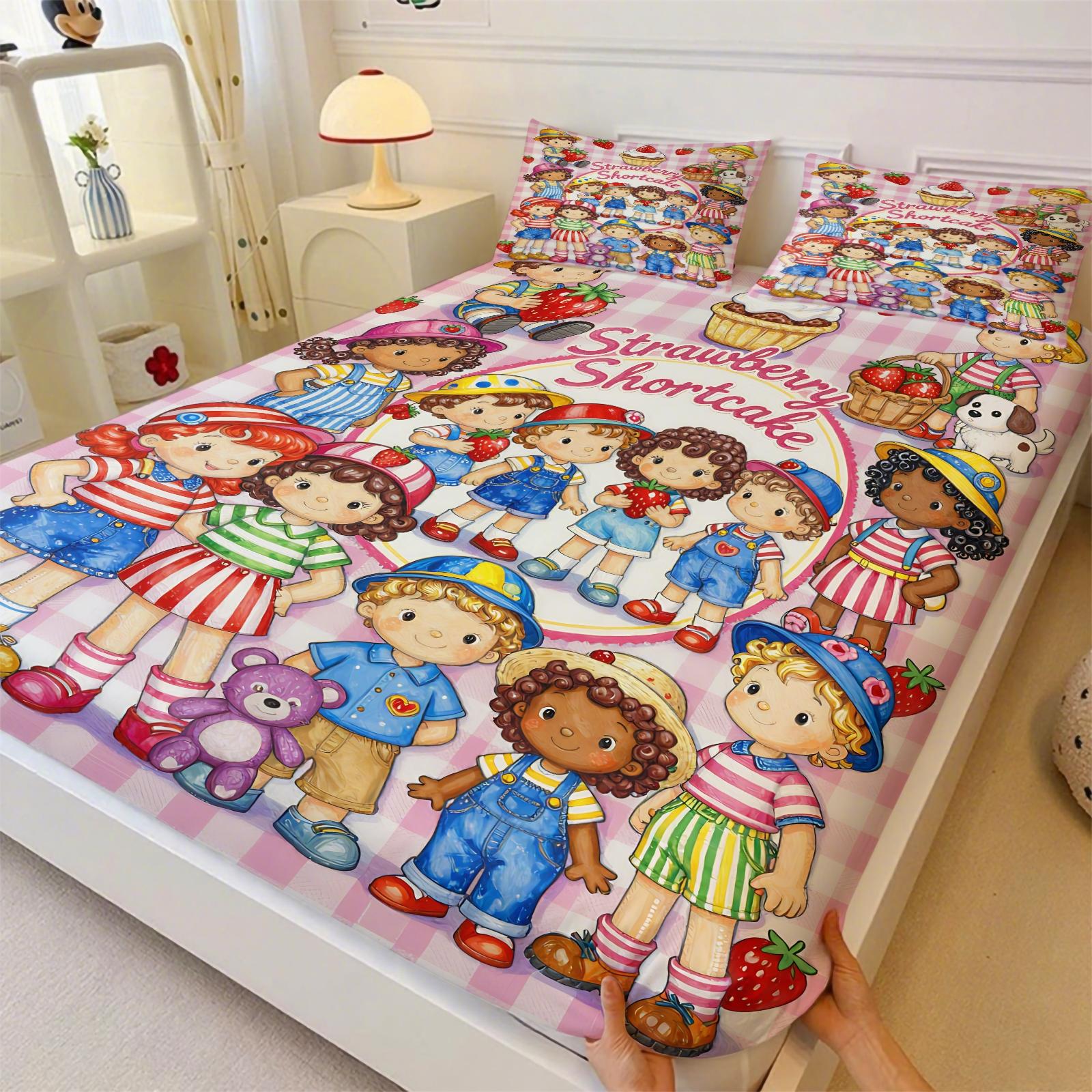 Strawberry Sweetheart Fitted Sheet Set and 2 Pillowcases No Core, Bright Colors, Watercolor Style Characters Collection, Soft Anti-Slip Wrinkle-Resistant, Fairy-Tale Girls Room, Kids Room Decor, Gift Idea