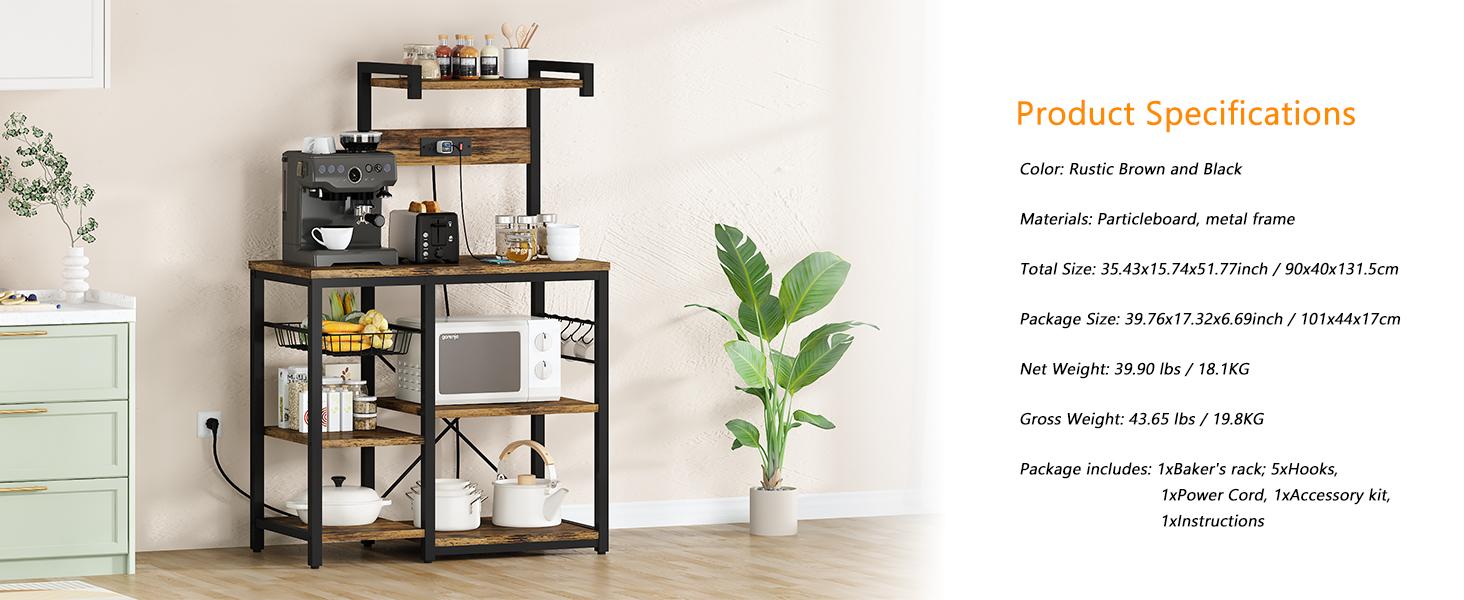 Recaceik Bakers Rack for Kitchen with Power Outlet Microwave Oven Stand Metal Wire Basket Organiser with Hooks Retro Storage Furniture Utility Shelf for Indoor Display Rack summervibes