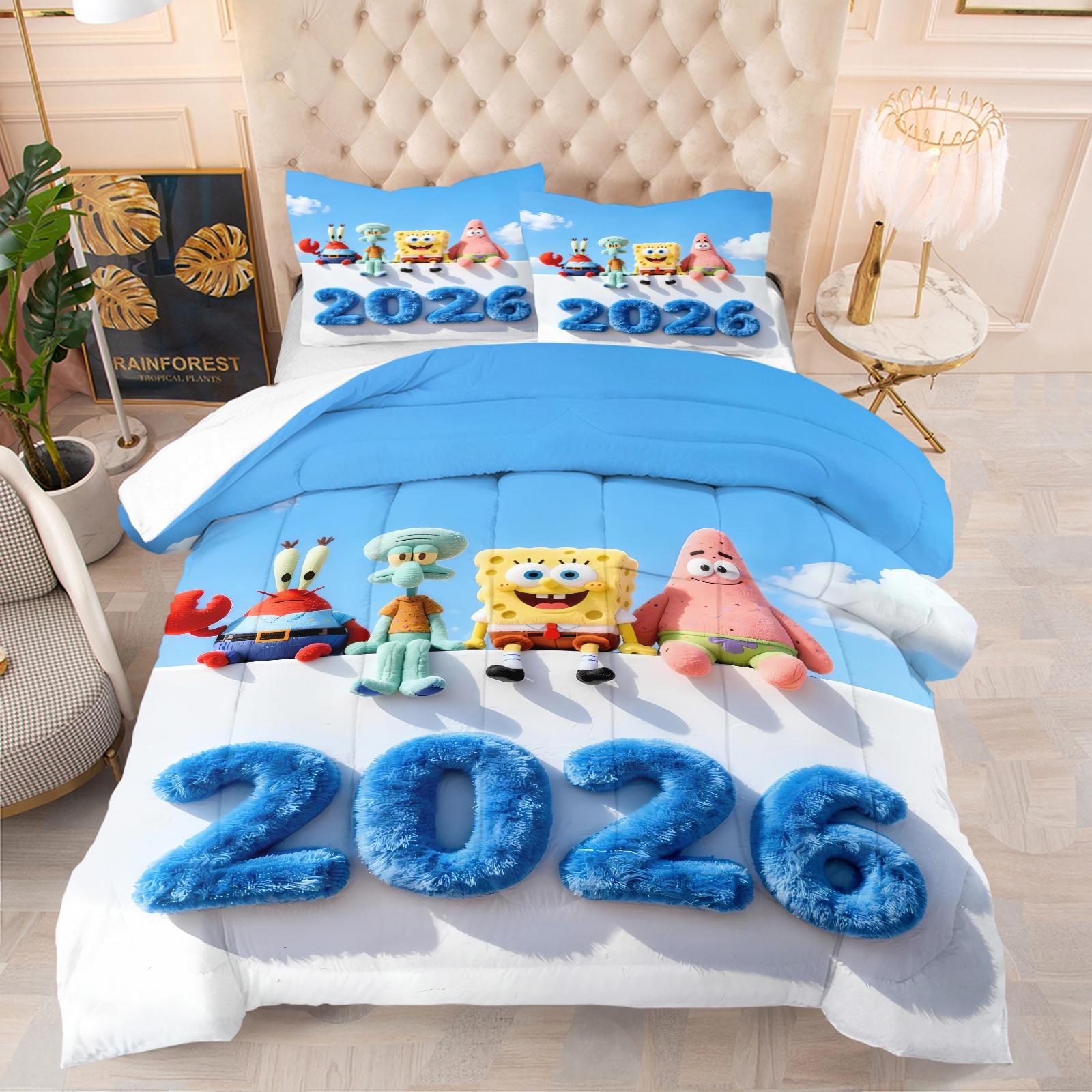 2026 Spongebob Squarepants Pattern Comforter Set, Soft And Durable Bedding Set, Includes 1 Comforter And 1 Or 2 Pillow Cases, Daily Holiday Birthday Gift Bedroom Decorations For Kids And Adults