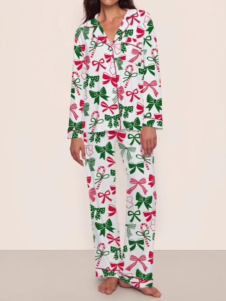 【Christmas Pajamas】Women's Christmas Pajama Set, Long Sleeve Casual Loungewear, Elastic Waist Pants, Elegant Cute Holiday Nightwear