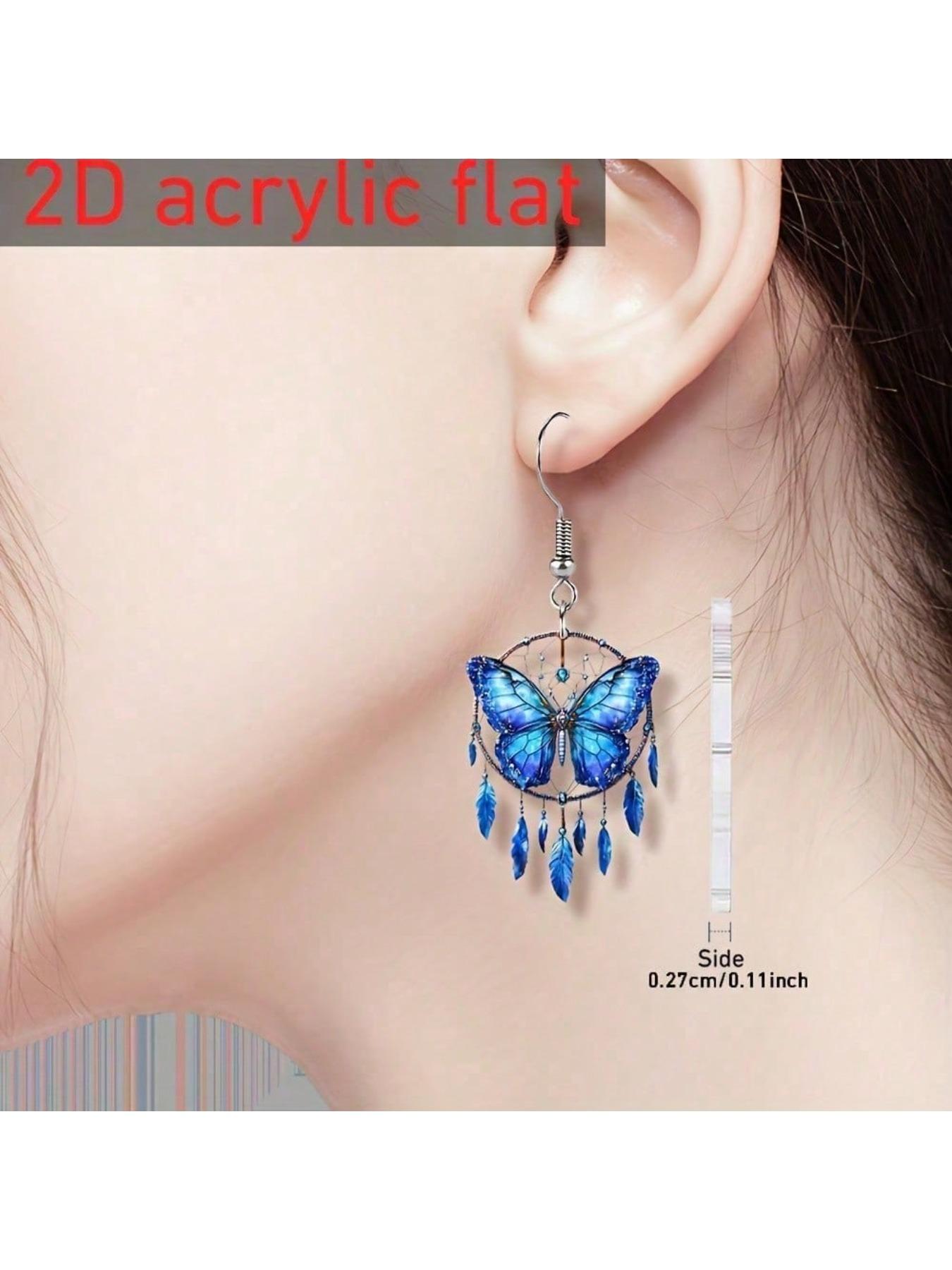 a pair of Bohemian style blue butterfly dream catcher earrings - acrylic double-sided printing, lightweight and suitable for casual dressing/parties, perfect gift for lovers, exquisite party butterfly pattern accessories, Mother's Day gift
