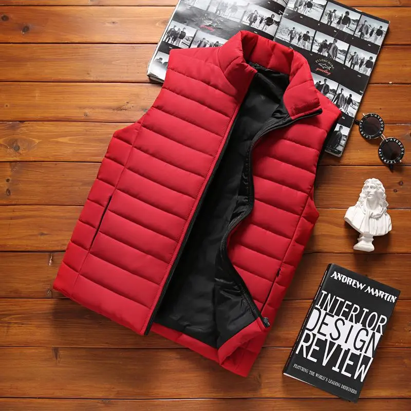 Men's Stand Collar Sleeveless Warm Stylish Versatile Waistcoat Vest - Solid Red Autumn-Winter Menswear Top, Unique Sohochic Collection Set