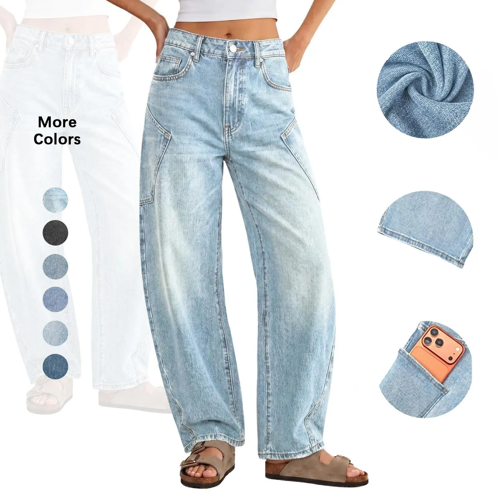 Flowyair Women's High-Waisted Barrel Jeans - Wide-Leg Raw Hem Loose Fit Style Denim, Casual Bottoms for Shopping,back to school shopping,clothes for back to school,first day of school outfits