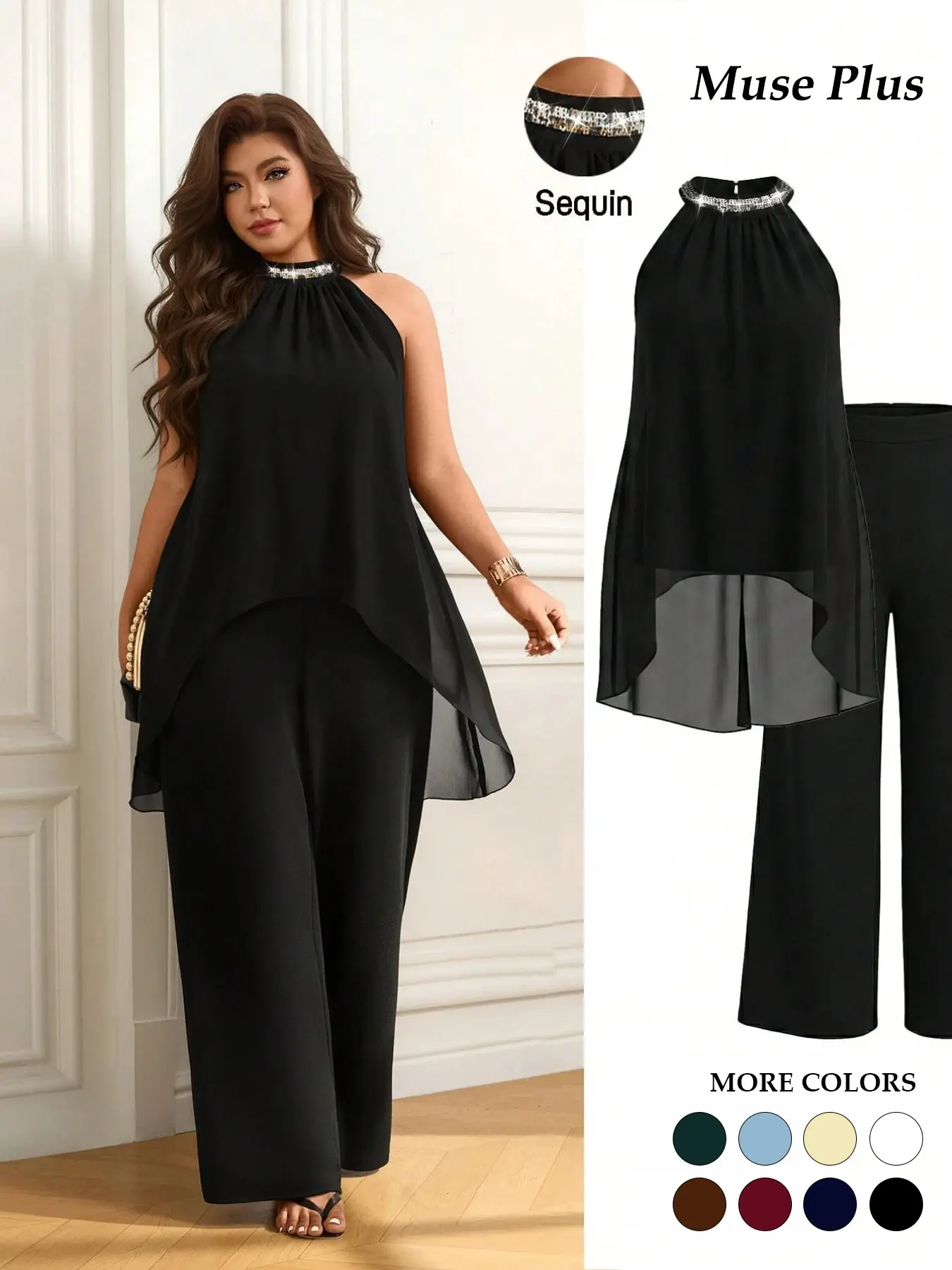 Women's Plus Size 2 Piece Outfits Clothes Top Trousers Set Sequin Halter Neck Sleeveless Flowy Top Wide Leg Pants Set Asymmetrical Hem Elegant Formal Evening Party Wedding Guest Trendy Chic