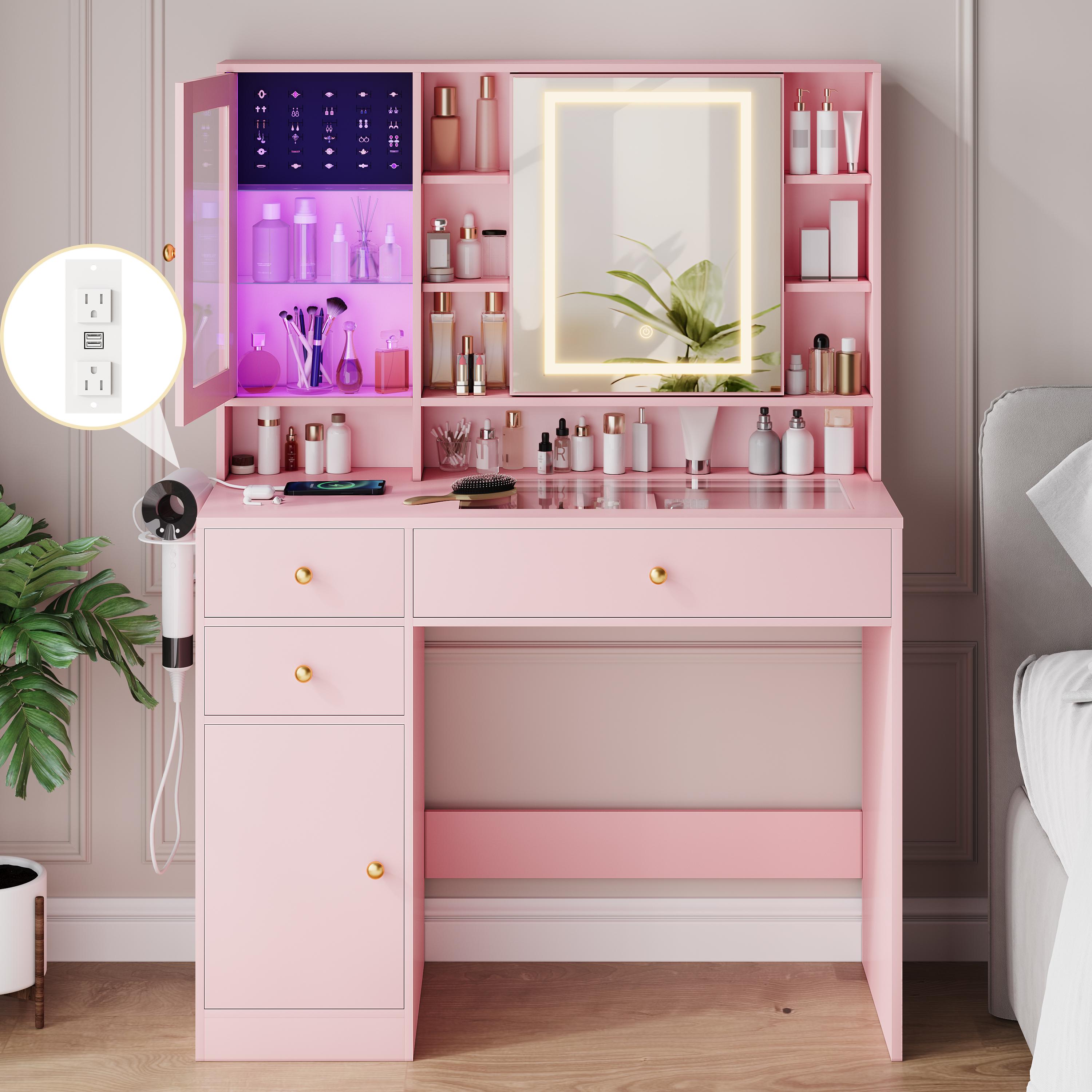 Small Space Vanity,Makeup Vanity Desk with Mirror and Lights,  LED Lights & Power Outlet, 3 Drawers & 2 Cabinets, 8 Storage Shelves, Adjustable Lighting，Dressers for bedroomVanity mirror