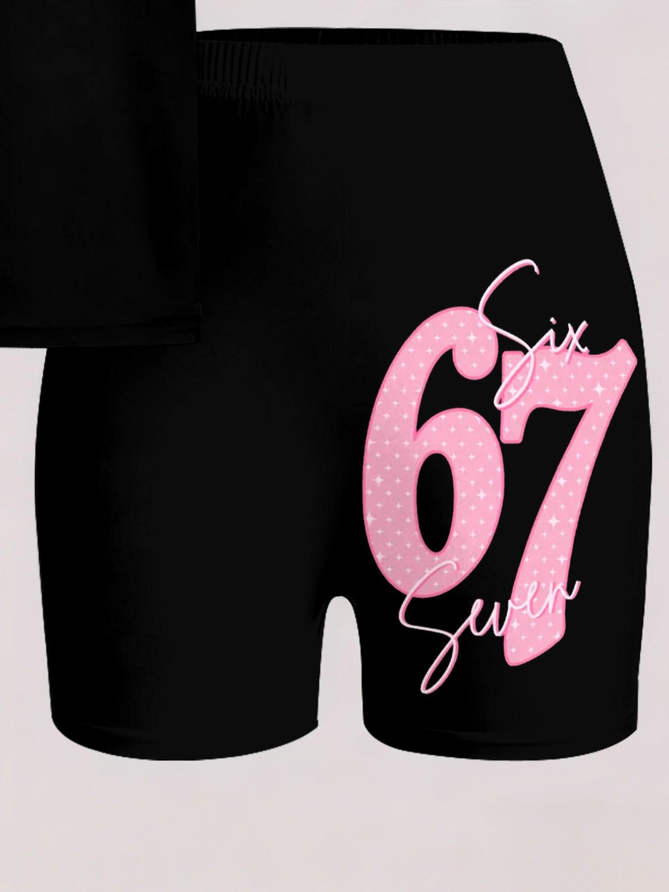 Korean Style Girls Pink Dot 67 Number Short Sleeve & Biker Shorts Set Summer Loose Comfortable Kids 2Pcs