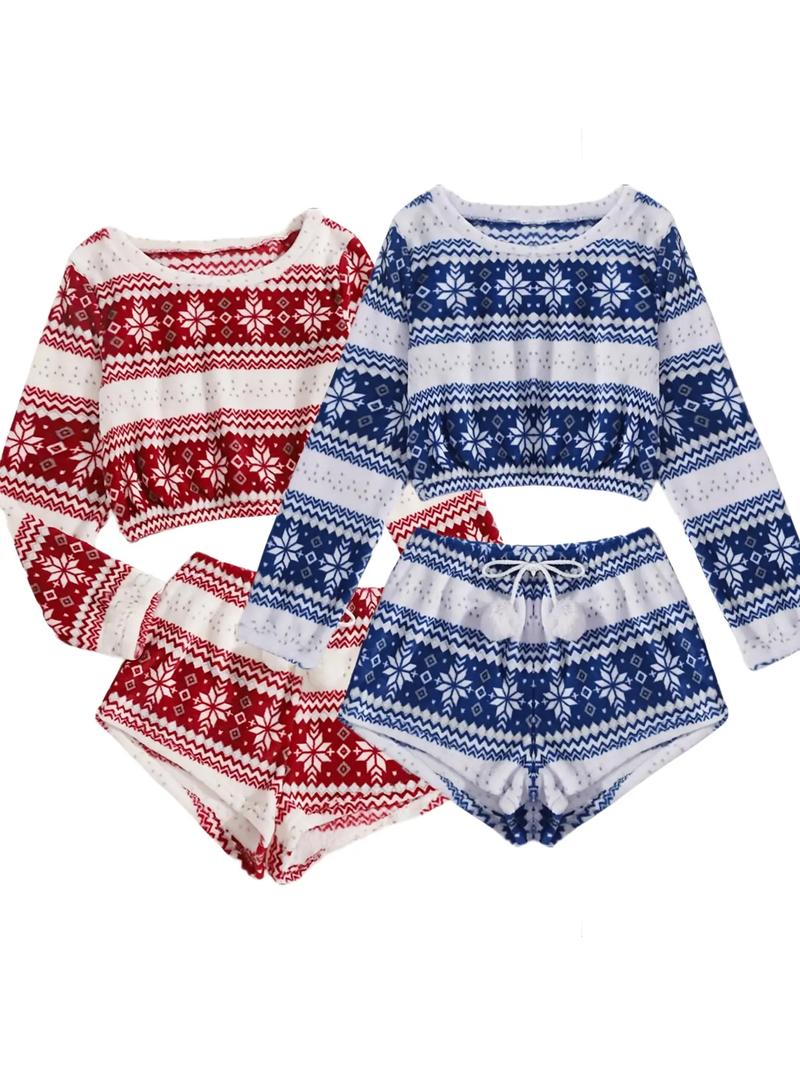 Women's Geometric Print Coral Fleece Loungewear Set, Fluffy Pajamas, Boho Long Sleeve Sleep Top & Pom Pom Decor Drawstring Shorts, Women's Sleepwear, Valentine's Day Gift for Girl