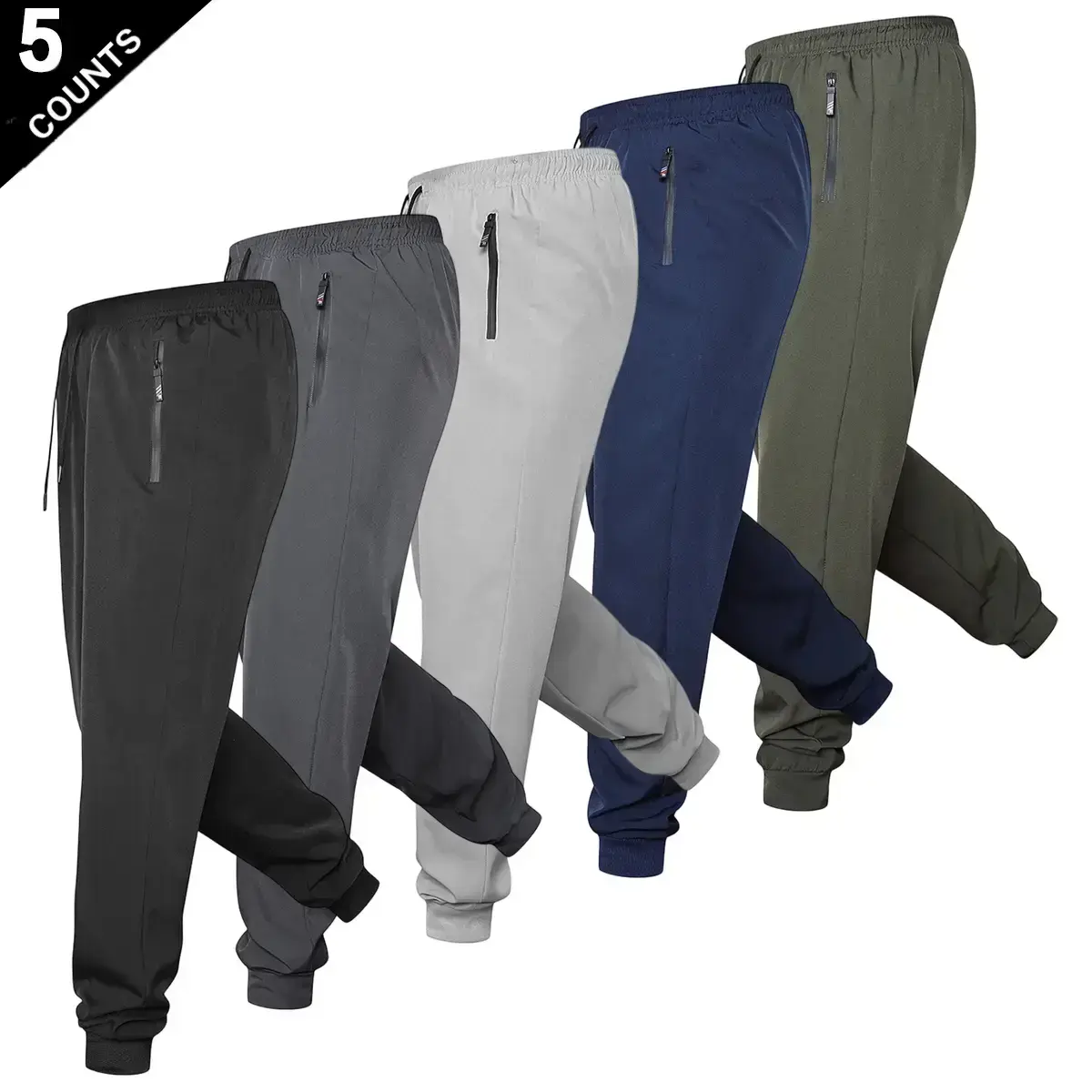 Men's 5-Piece Poly Elastane High-Stretch Fabric Trousers - Elastic Waistband, Quick Zip Stash, 5 Solid Colors, Sport Casual, Fitted Cut for Daily Wear to Light Workouts, Work Out Pants